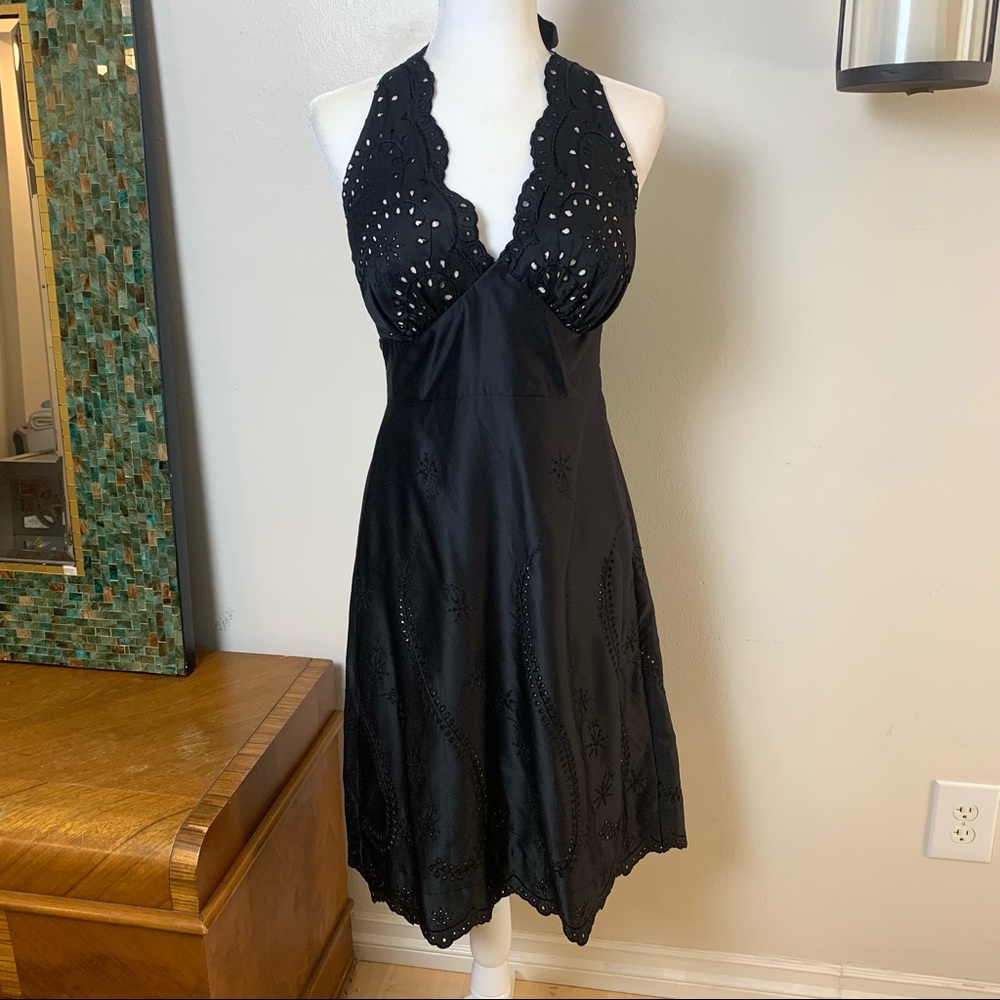 Silky Slinky Sexy Black Halter Slip Dress with Exquisite Eyelet Detail Size 10
